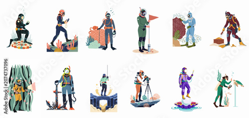 Konstfotografi Collection of diverse scuba divers and underwater explorers engaged in various marine activities and scientific research in a flat illustration style