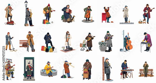 Foto Large Collection of Diverse Street Musicians and Buskers Playing Various Musical