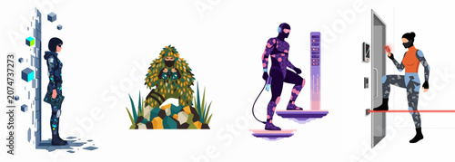 Konstfotografi Set of flat vector illustrations depicting various covert agents, including a digital infiltrator, a sniper in a ghillie suit, and a high-security thief