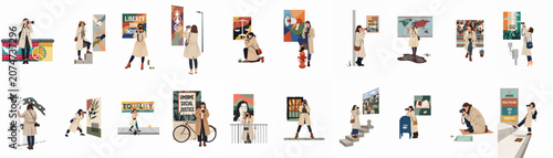 Obraz na plátně Collection of Illustrations Featuring a Female Photojournalist Capturing Social Justice, Human Rights, Peace, and Global Activism Themes in Various Urban Settings