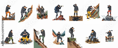 Fotografie A collection of vector illustrations showing male photographers documenting natural disasters, rugged terrain, landslides, and environmental hazards with professional camera equipment