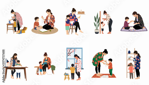 Obraz na plátně Collection of minimalist vector illustrations featuring a mother teaching her child various traditional crafts including sewing, knitting, embroidery, and dressmaking activities together
