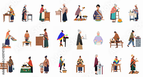 Bild auf Leinwand Collection of diverse women in traditional clothing cooking, preparing and serving various dishes, flat vector illustration set on white background