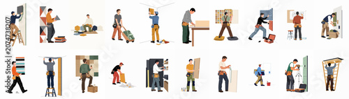 Foto Set of professional workers installing acoustic soundproofing panels and home improvement materials in various scenes, depicted in detailed flat vector illustrations