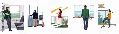 Konstfotografi Minimalist flat vector illustrations of business people traveling, working, and contemplating in various modern settings like trains, airports, and offices