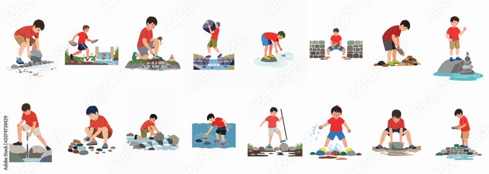 Naklejka premium Set of vector illustrations featuring a young boy playing with rocks and water in nature, including activities like building dams and stacking stones.