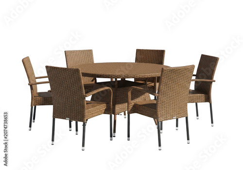 Wicker patio dining set chairs table.