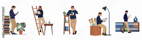 Set of flat vector illustrations showing people engaged in research, reading, and organizing documents in a library or office archive environment.