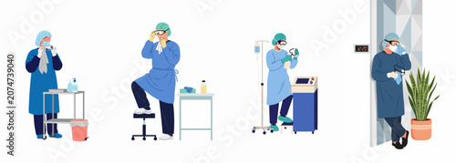 Exhausted Healthcare Professionals in Protective Gear During a Long Shift at a Hospital or Medical Clinic
