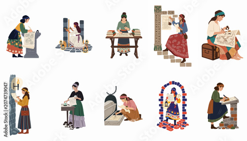 Fotografia Illustrations of women cartographers and explorers researching ancient maps, measuring stone ruins, and documenting discoveries in fantasy and historical settings