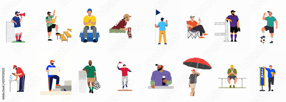 Fototapeta premium Collection of Flat Vector Illustrations Featuring Diverse Men as Sports Fans Coaches and Staff Members Participating in Various Athletic Events and Activities