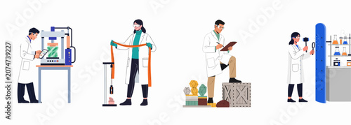 Collection of laboratory scenes featuring diverse scientists conducting material testing, data analysis, and various scientific experiments in a modern research facility.