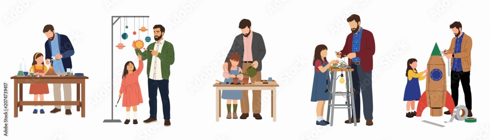 Obraz premium Collection of illustrations showing a father and daughter engaging in STEM activities, including science experiments, astronomy, gardening, electronics, and cardboard rocket building.
