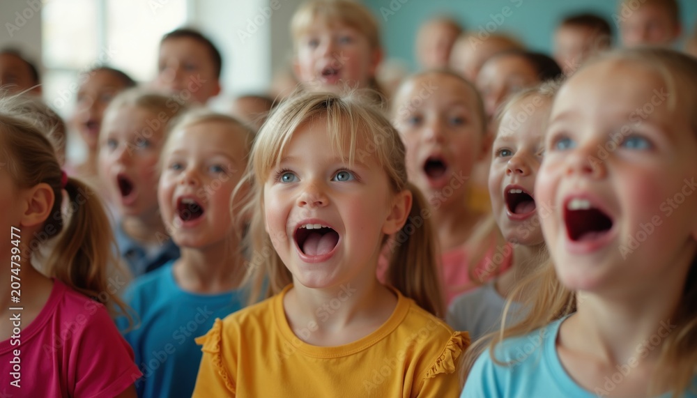 Naklejka premium Childrens choir performs song with joy. Young singers stand together, open mouths singing in unison, expressing happiness. Kids group at music lesson in classroom.