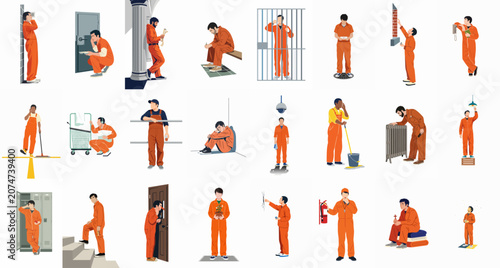 Set of diverse vector illustrations depicting men in orange jumpsuits performing daily tasks, reflecting life inside a prison or detention center.