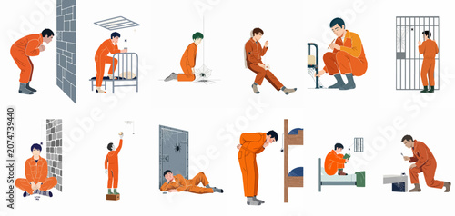 Set of illustrations showing male inmates in orange uniforms dealing with isolation and spiders in their prison cells.