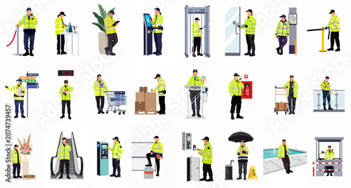 Vector illustration collection of security guard characters in high-visibility uniforms performing various safety, monitoring, and assistance duties in diverse professional environments.