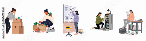 Diverse women engaged in technical and administrative roles including engineering, software development, server maintenance, and logistics in a series of flat vector illustrations.