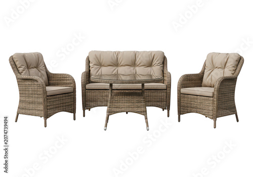 Wicker patio furniture set with glass top table and two chairs.