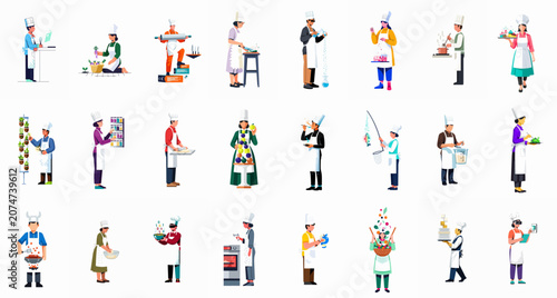 Set of professional chefs and cooks characters engaged in various culinary tasks, from harvesting to cooking and serving, flat vector illustration.