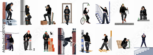 Vector illustration set of urban photographers and street characters in various city settings wearing hoodies and carrying cameras.