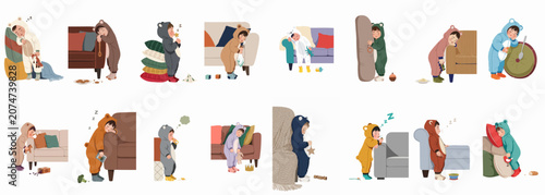 A collection of cute toddlers wearing various animal-themed onesies, caught sleeping in funny and awkward positions around the home, flat vector illustration.