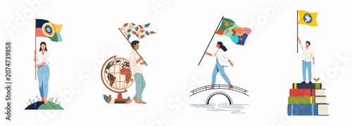 Set of Conceptual Illustrations Representing Global Unity, World Peace, Education, and Human Rights with Diverse People Holding Symbolic Flags