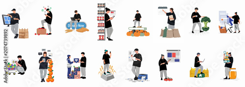 Set of flat vector illustrations depicting various food donation, online shopping, and logistics scenarios involving characters and digital technology elements.