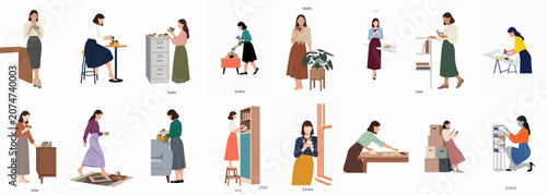 Collection of flat vector illustrations featuring a young woman organizing, filing cards, and managing tasks in various interior settings.
