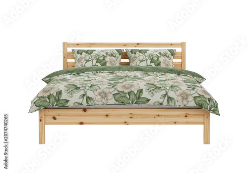 Wooden bed frame with floral bedding and pillows.