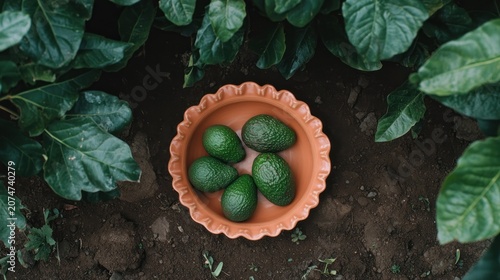 Five green avocados placed inside a small decorative plate
