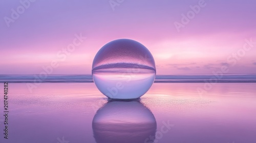 A clear sphere reflecting a serene beach scene at sunset