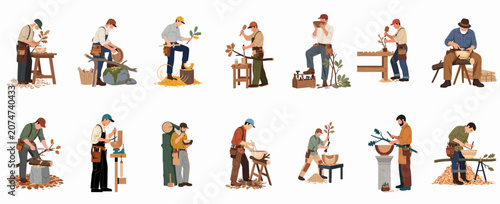 Foto Set of flat illustrations featuring various male woodworkers and artisans using traditional tools to craft wooden bowls and objects from logs