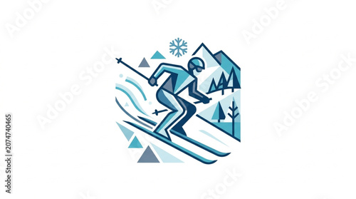 Canvas-taulu Stylized skier descending a snowy mountain slope with trees and snowflakes