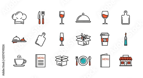 Minimalist Restaurant Icon Set Depicting Culinary Elements and Dining Essentials