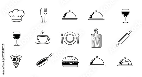 Minimalist Restaurant Icon Set Depicting Culinary Tools and Dishes in Black and White