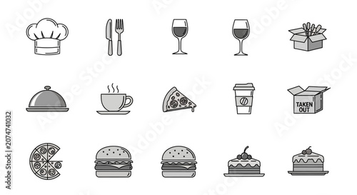 Minimalist Restaurant Icon Set Depicting Food and Beverages for Culinary Context