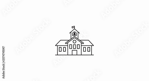 Minimalist school building outline illustration against a pristine white background