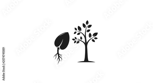 Minimalist Silhouette of a Seedling and Mature Tree Depicting Growth and Nature's Cycle