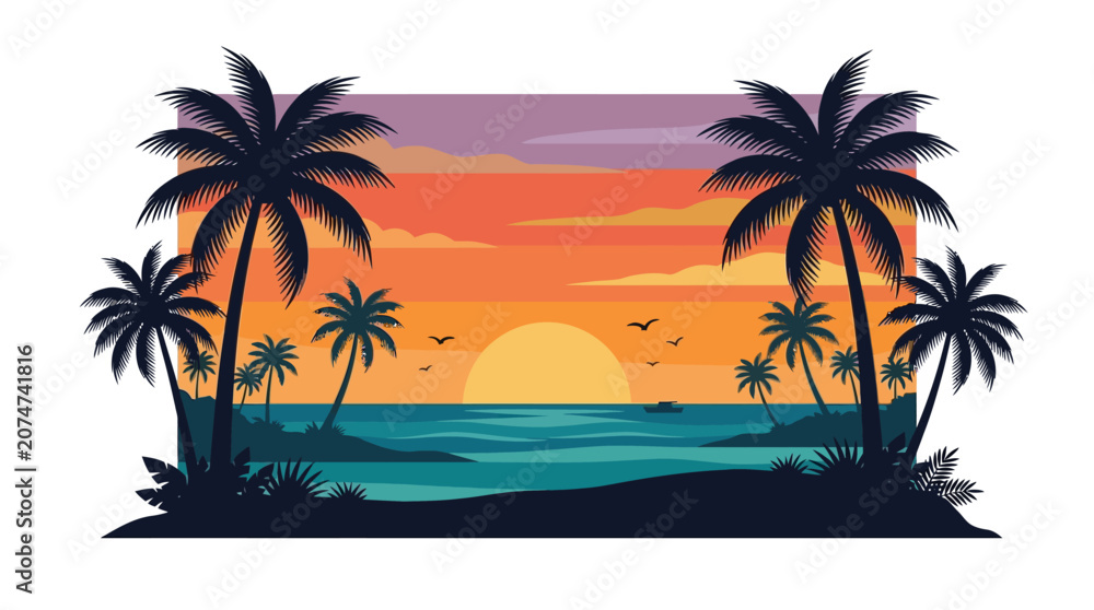 Obraz premium Tropical beach sunset vector illustration with palm tree silhouettes 