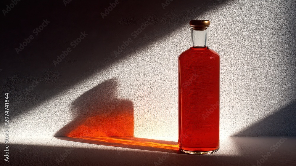 Obraz premium Red Liquid in Glass Bottle with Dramatic Lighting and Shadows on Wall and Floor for mock-up isolated illustration