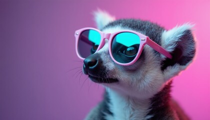 Ring-tailed lemur wears pink sunglasses. Animal looks cool on purple background. Mammal has soft fur and big eyes. Cute character poses in studio. Style fashion portrait.