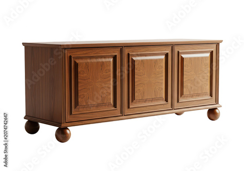 Wooden sideboard cabinet with three doors and ball feet.