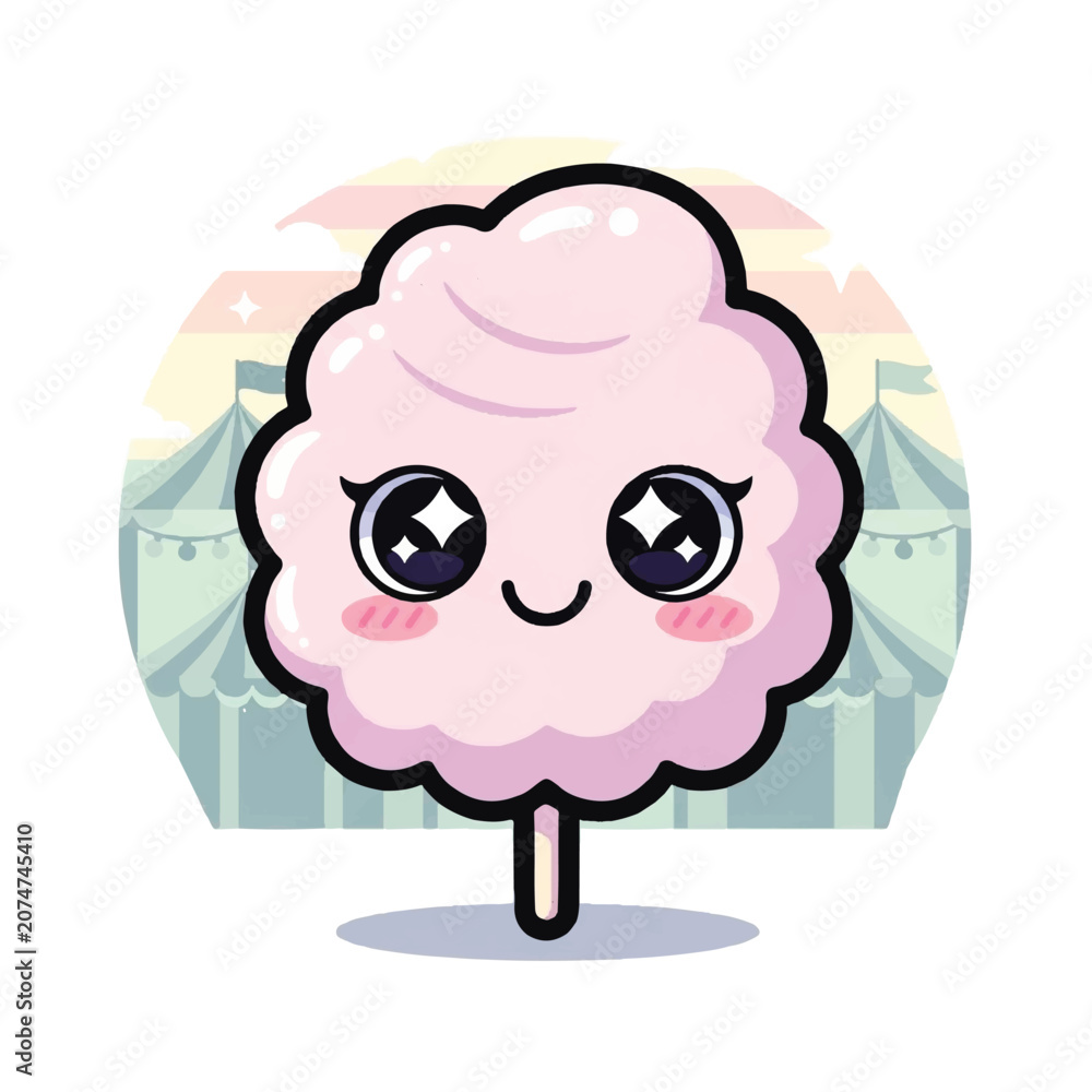 Naklejka premium Cute Kawaii Cotton Candy Character with Sparkling Eyes.
