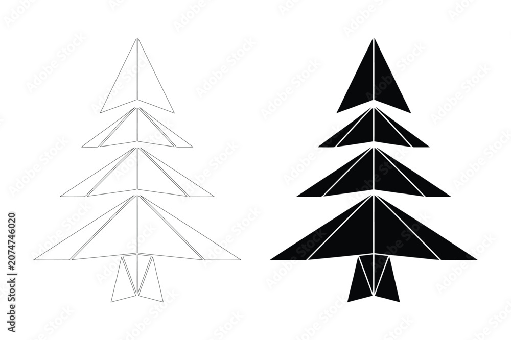 Obraz premium Minimalist geometric christmas tree designs in outline and solid silhouette styles