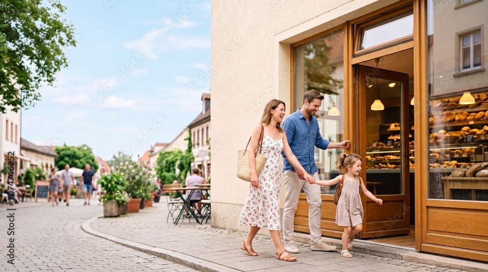 Obraz premium A smiling family with a young daughter enters a charming bakery on a quaint European street. The mother holds a woven bag, while the father holds his daughter's hand.