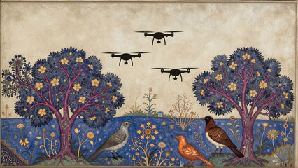 Drones hover above vibrant, stylized trees with birds perched below in a colorful garden.