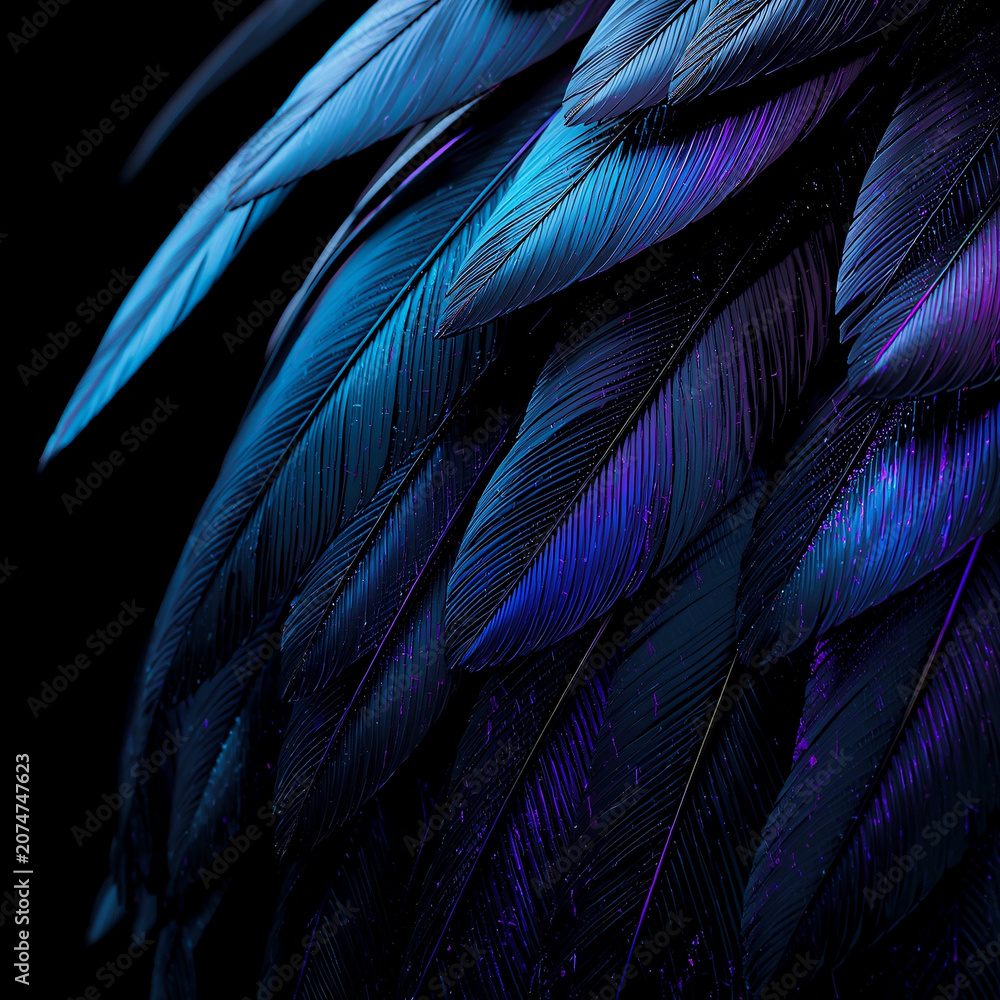 Obraz premium Macro 3D render of layered metallic feathers in oil slick chrome and deep indigo obsidian with iridescent reflections