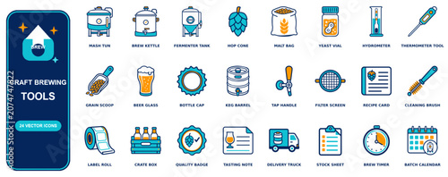 Tableau sur toile Craft Brewing flat icon set - 24 vector line icons: mash tun, brew kettle, ferme