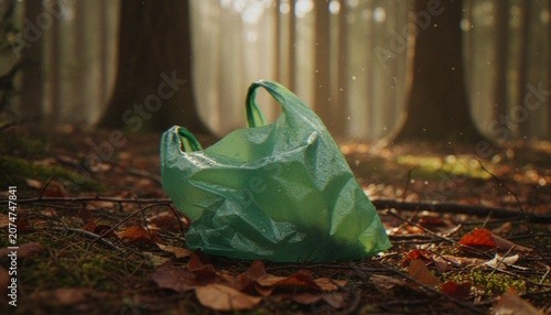 Tablou pe pânză A single crumpled green plastic shopping bag lying on the forest floor, symbolizing environmental pollution and littering in nature